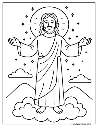 Jesus Blessing from the Clouds Coloring Page