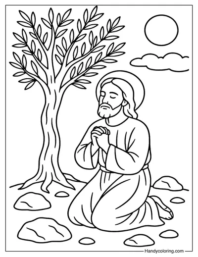 Jesus Praying Under Olive Tree Coloring Page
