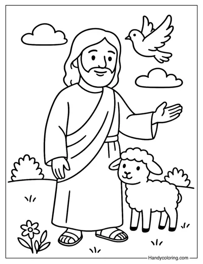 Jesus with Lamb and Dove Coloring Page