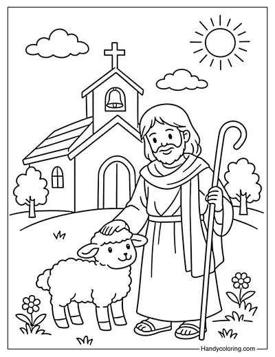 Jesus with Sheep Near Church
