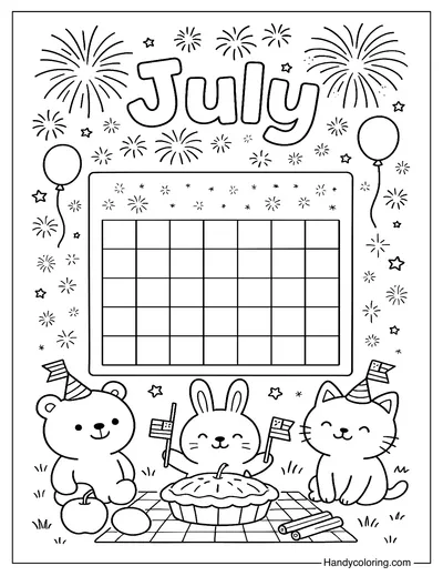 July Calendar With Fireworks and Animals Coloring Page