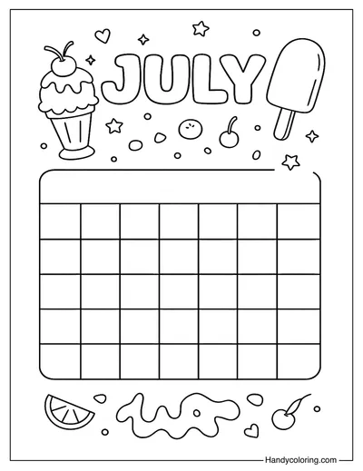 July Calendar With Ice Cream Coloring Page