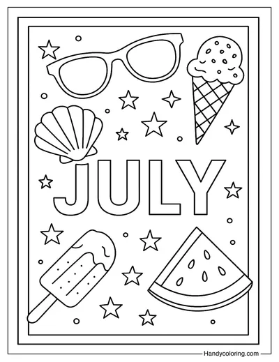July Collage Of Summer Symbols Coloring Page