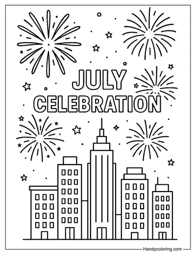 July Fireworks Skyline Coloring Page