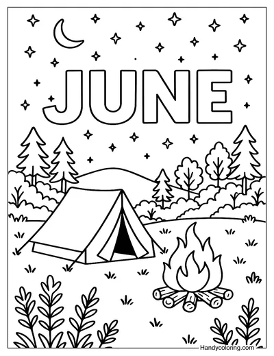 June Camping Adventure Coloring Page