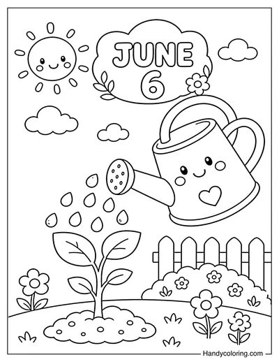 June Watering Garden Scene with Cute Can