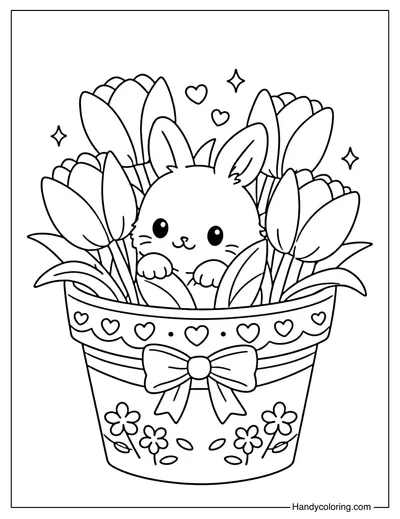 Kawaii Bunny in Tulip Pot Coloring Page
