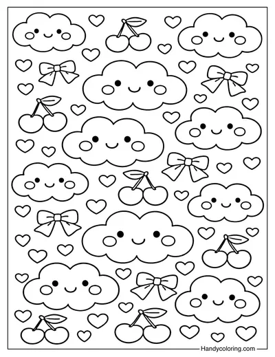 Kawaii Cloud and Cherry Coloring Page