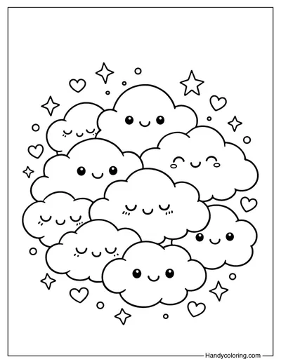 Kawaii Clouds with Stars Coloring Page