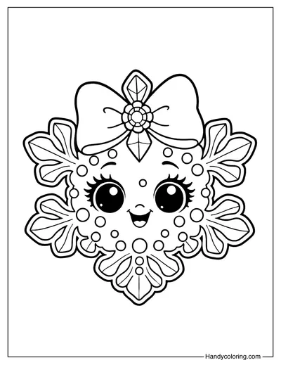 Kawaii Snowflake with Bow Coloring Page