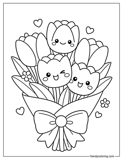 Kawaii Tulip Bouquet Coloring Page