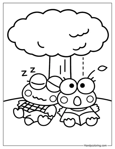 Keroppi and Friend Napping Under a Tree Coloring Page