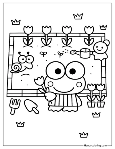 Keroppi and Friends Planting Tulips Coloring Page
