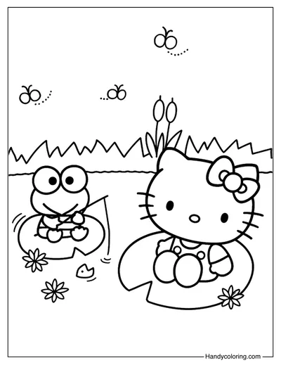 Keroppi and Hello Kitty Fishing Coloring Page