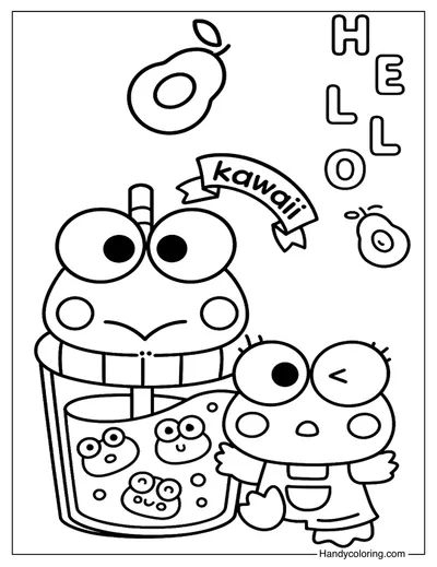 Keroppi Avocado Drink Coloring Page