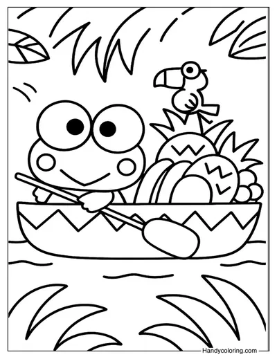 Keroppi Boating with Tropical Fruit Coloring Page