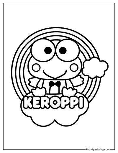 Keroppi on a Cloud with Rainbow Coloring Page