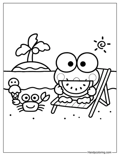 Keroppi Relaxing on the Beach Coloring Page