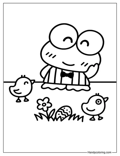 Keroppi with Chicks and Easter Egg Coloring Page