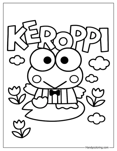 Keroppi with Pink Flowers Coloring Page