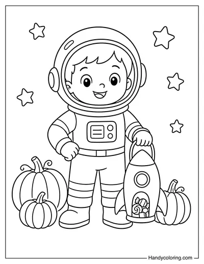 Kid in Astronaut Costume with Rocket Candy Bag
