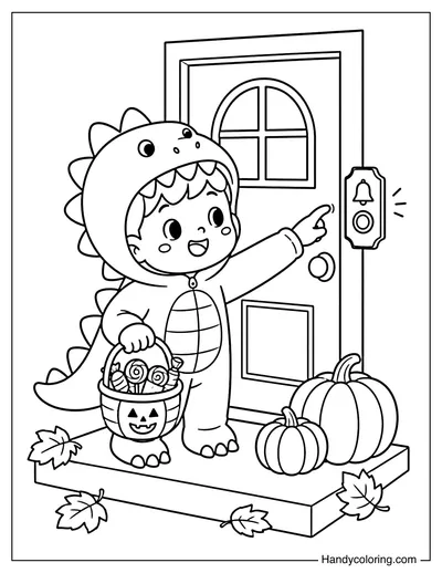 Kid in Dinosaur Costume Ringing the Doorbell