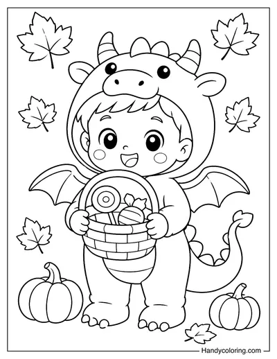 Kid in Dragon Costume with Candy Bucket
