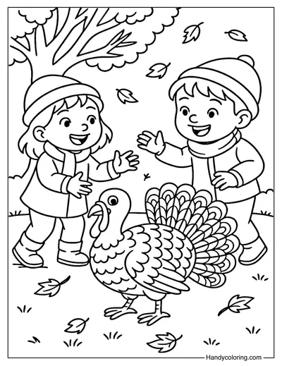 Kids and Turkey Coloring Page