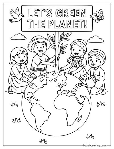Kids Around the World Planting Trees Coloring Page