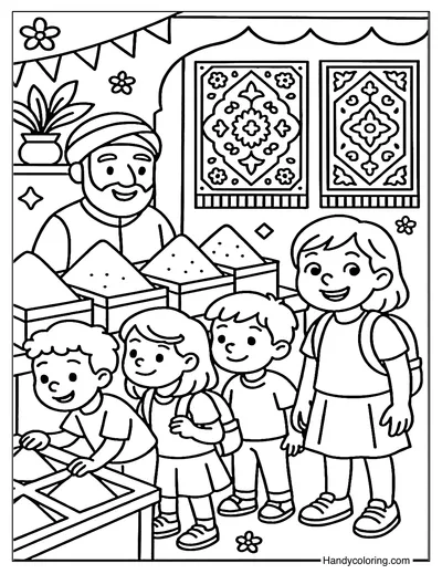 Kids at Iranian Bazaar Coloring Page