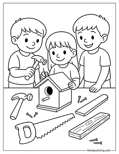 Kids Building a Birdhouse Coloring Page