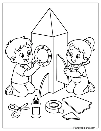 Kids Building a Cardboard Rocket