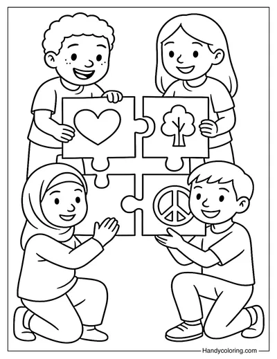 Kids Building a Peace Puzzle Coloring Page