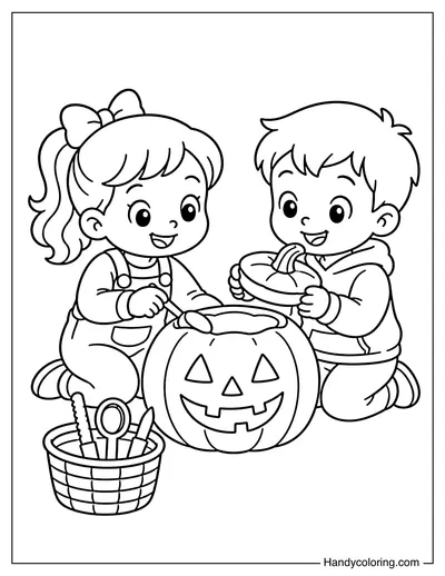Kids Carving a Halloween Pumpkin