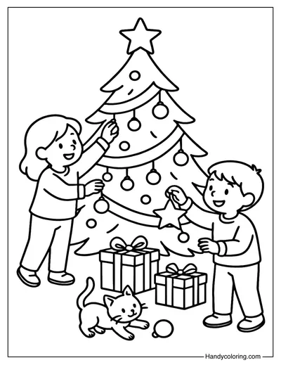 Kids Decorating Christmas Tree Coloring Page