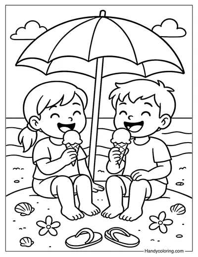 Kids Enjoying Ice Cream at the Beach Coloring Page