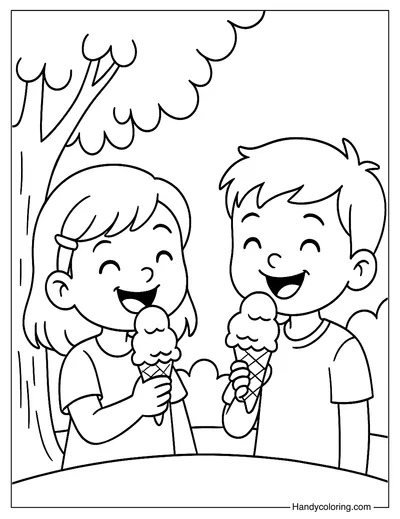 Kids Enjoying Ice Cream Coloring Page