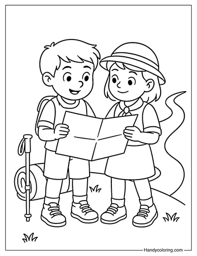 Kids Hiking with Map Coloring Page