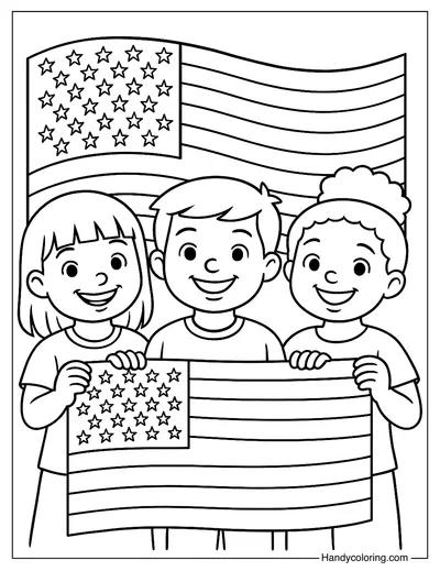 Kids Holding American Flag Coloring Page