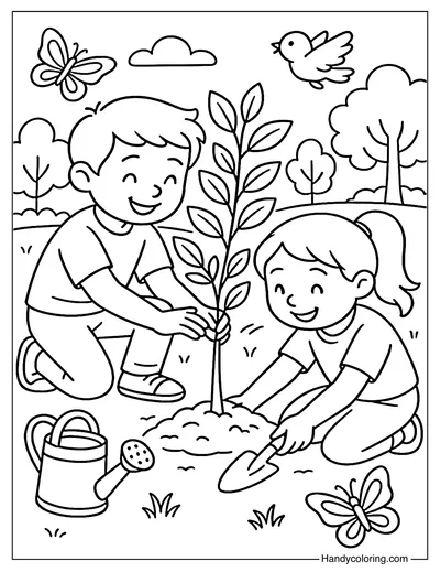 Kids Planting a Tree Coloring Page