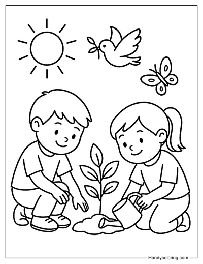 Kids Planting a Tree Together Coloring Page
