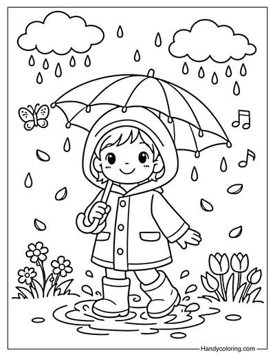 Kids Playing in Spring Rain Coloring Page