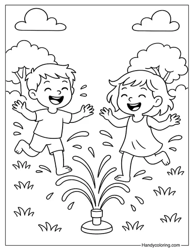 Kids Playing in Sprinklers Coloring Page