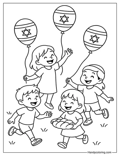 Kids Playing with Israeli Flag Balloons Coloring Page