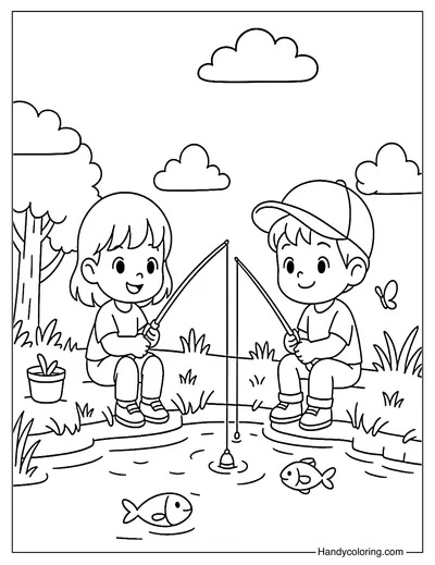 Kids Pond Fishing Coloring Page