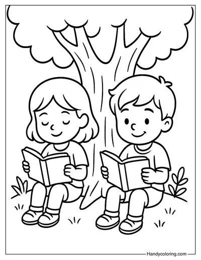 Kids Reading Under a Tree Coloring Page