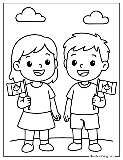 Kids Waving Canadian Flags Coloring Page
