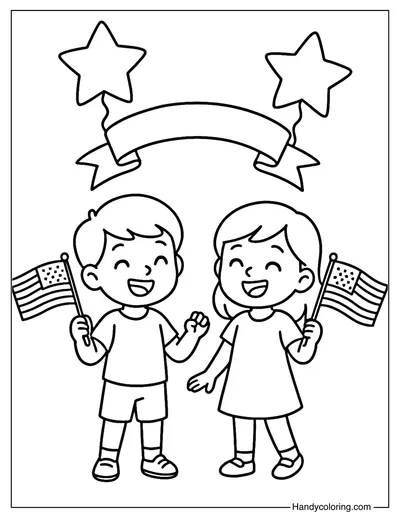 Kids with US Flags Coloring Page