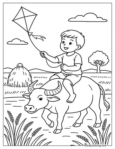 Kite Flying in the Village Coloring Page