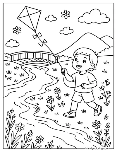 Kite Near the River Coloring Page